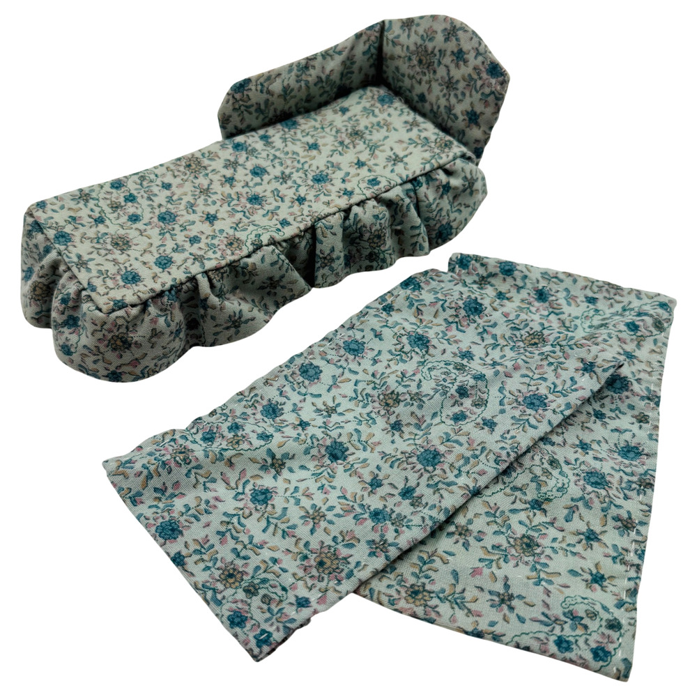 Dollhouse Miniature Furniture Blue Floral Chaise Lounge + 2 Matching Throws 1:12